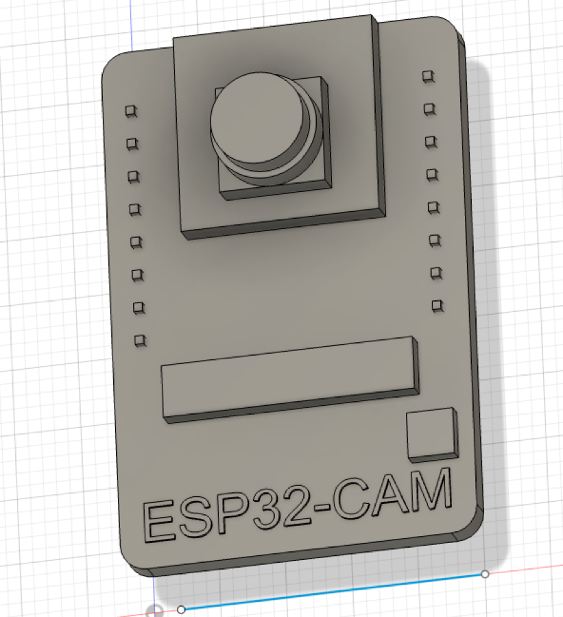 In Autodesk Fusion erzeugter ESP32-CAM-Dummy mit Kamera, Pinreihen, Steckerleiste und LED